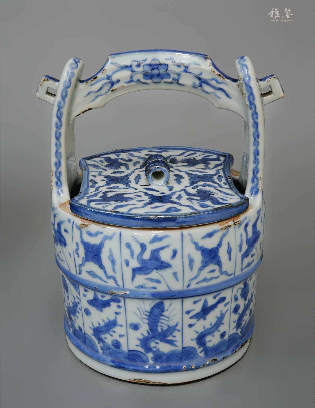 明代嘉靖 青花水指 双盖 日本黑漆原盒 本物保证
